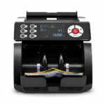 YTech-3600V Mix Value Cash Counting Machine front view with LCD display and currency notes loaded.