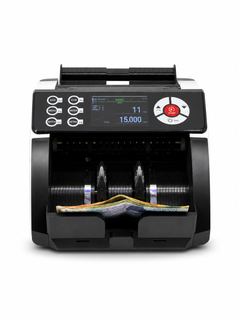 YTech-3600V Mix Value Cash Counting Machine front view with LCD display and currency notes loaded.