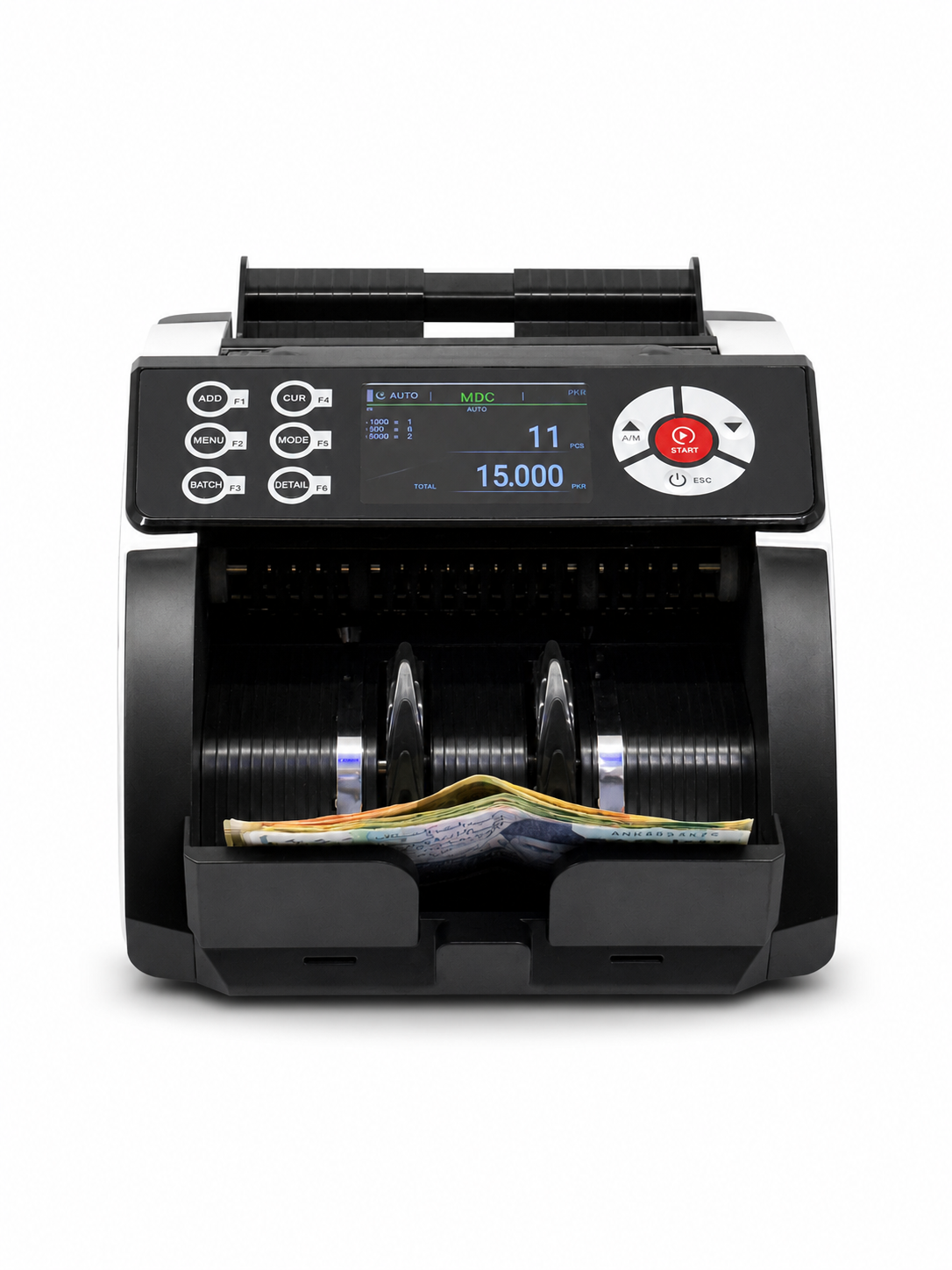 YTech-3600V Mix Value Cash Counting Machine Front View YTech-3600V Mix Value Cash Counting Machine front view with LCD display and currency notes loaded.
