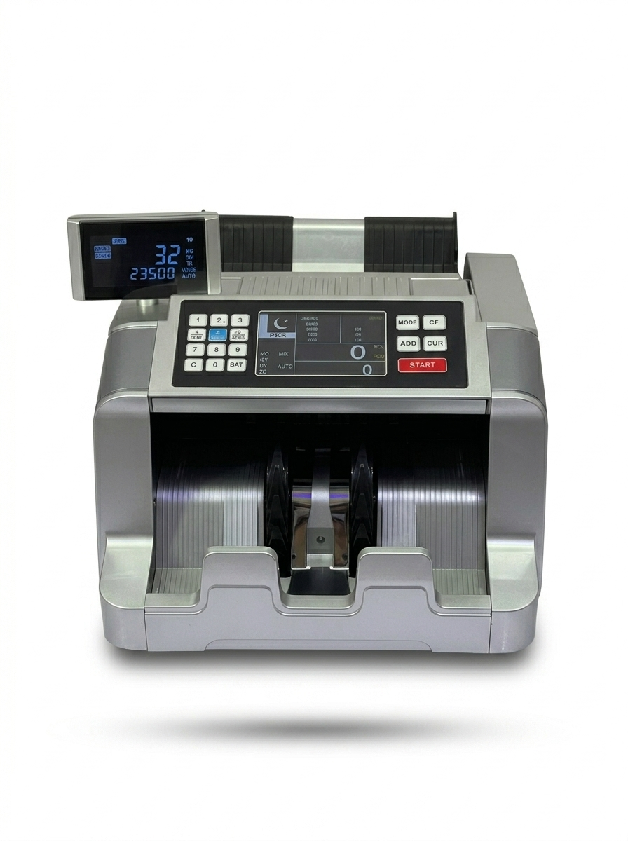 YTech-268T Battery Operated Cash Counting Machine Front View Front view of YTech-268T battery operated cash counting machine with display panel