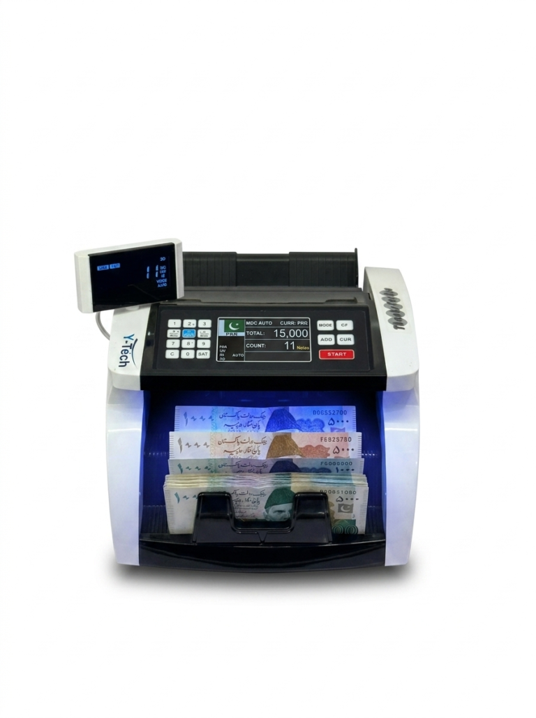 YTech-5300V mix value battery operated cash counting machine front view with LCD display.